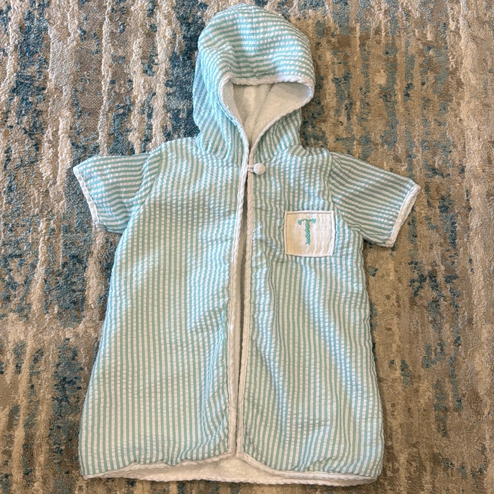 Smocked Mint, Stripped Towel Robe with T initial